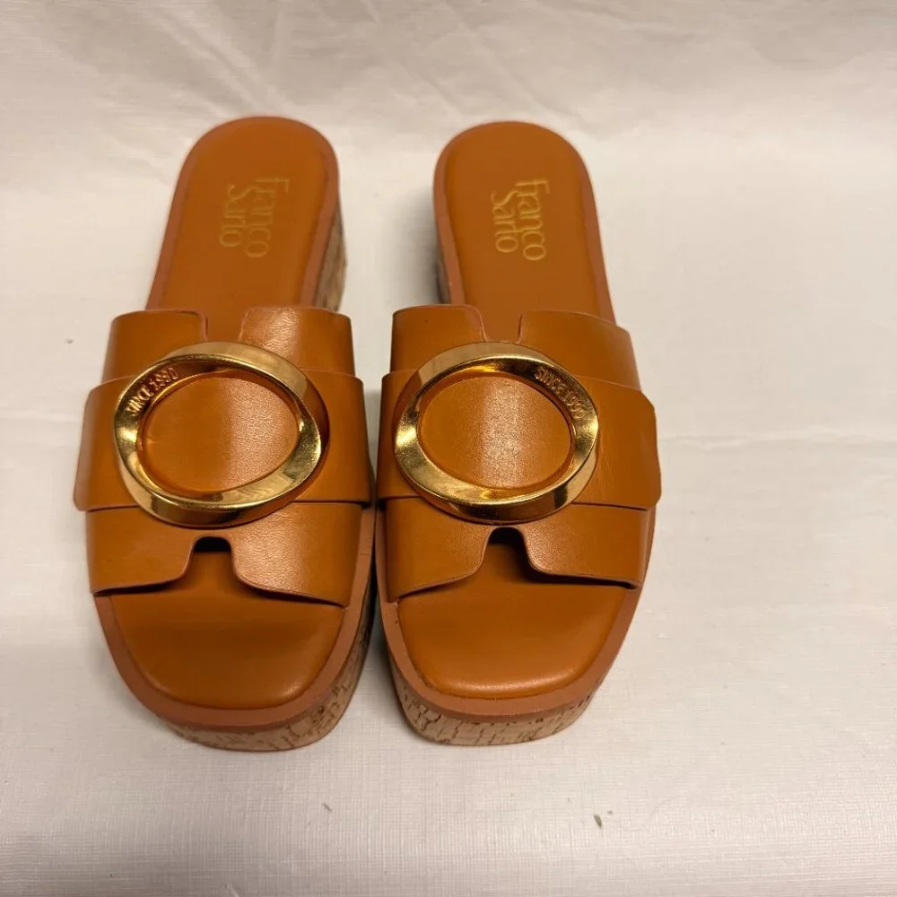 Franco Sarto Hoda Cork Platform Slide Sandals - Tan Leather - Size 6.5